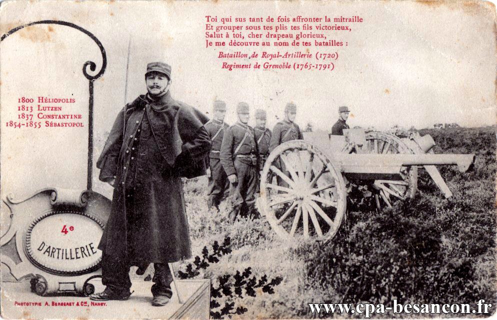4e d'ARTILLERIE - Toi qui sus tant de fois affronter la mitraille, Et groupes sous tes plis tes fils victorieux, Salut à toi, cher drapeau glorieux, je me découvre au nom de tes batailles.